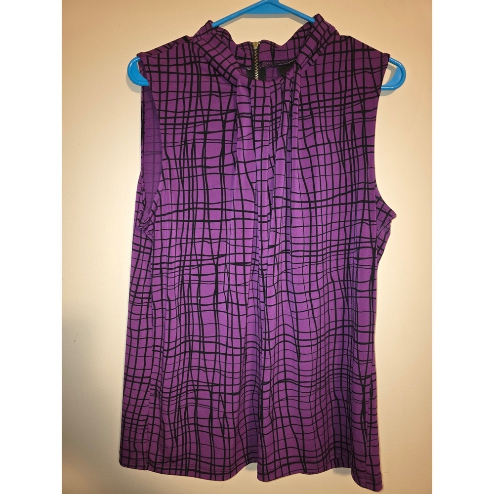 Worthington Womens XL Purple Black Grid Abstract Sleeveless High Neck Blouse Top
